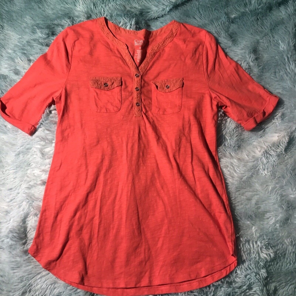 Croft & Barrow Top Womens M Coral Solid V-Neck Henley Pockets Short Sleeve Top
